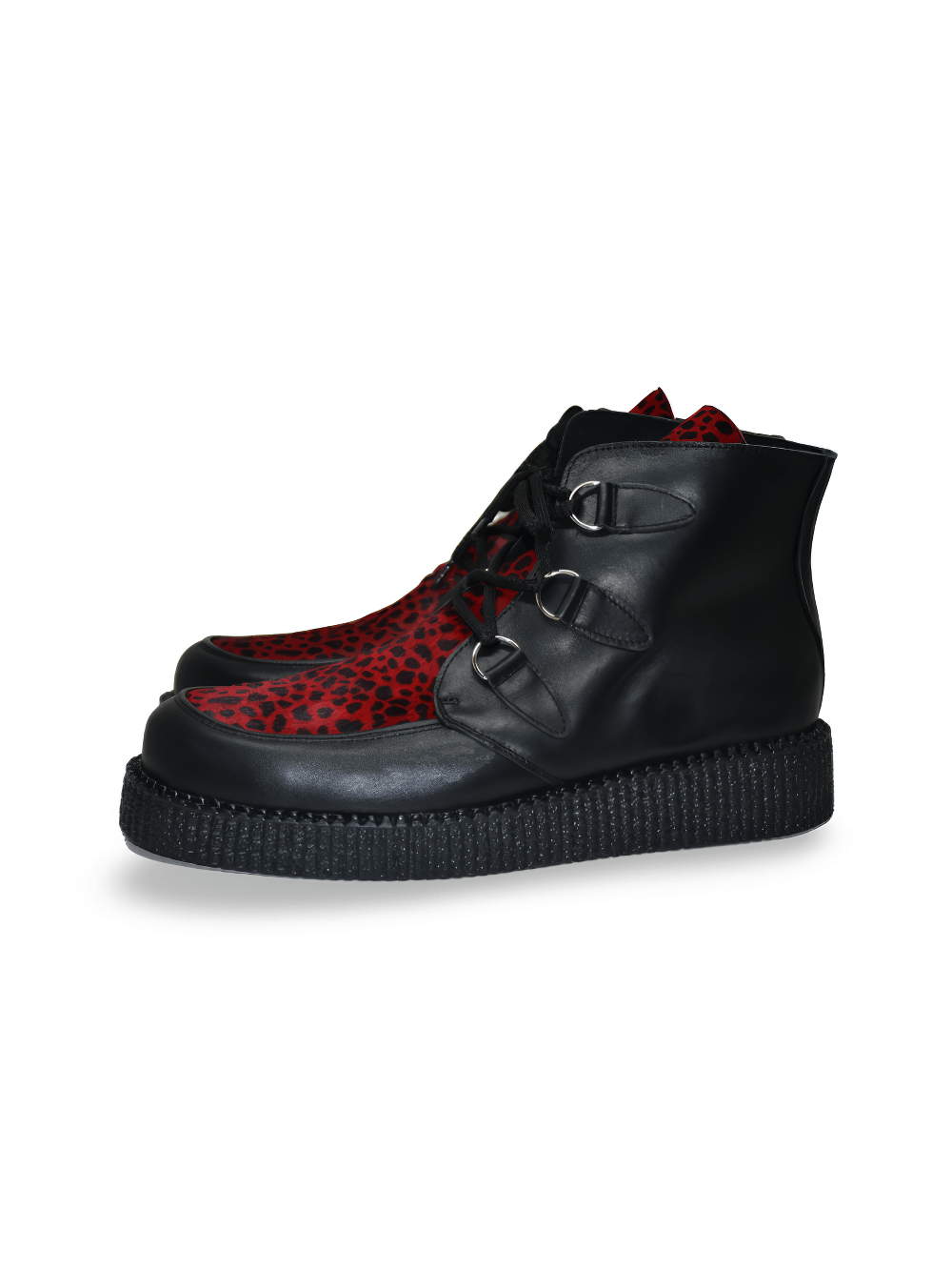 Unisex Ankle Black Boots in Red Leopard Print
