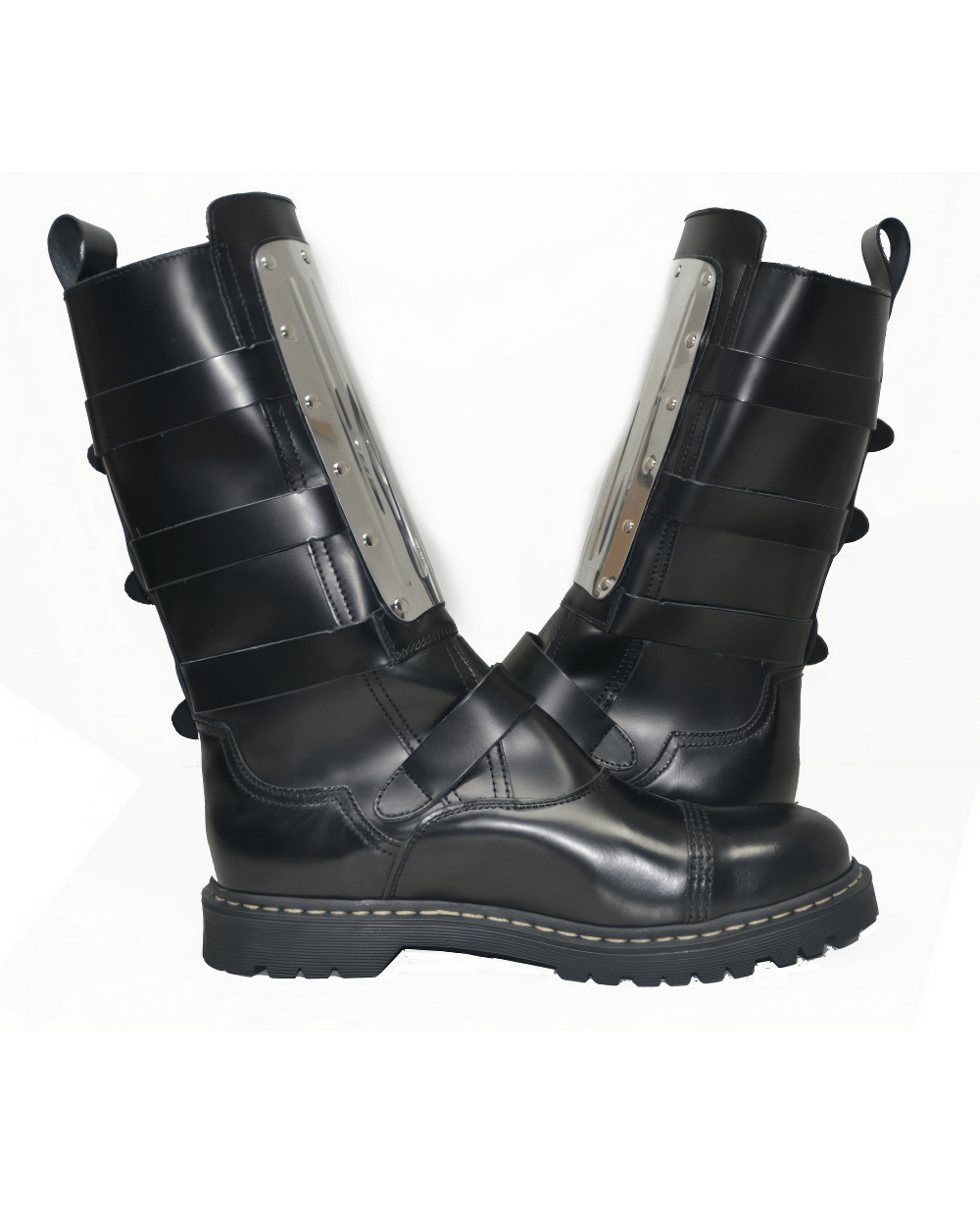Unisex Black Leather Boots with Flat Sole in Biker Style