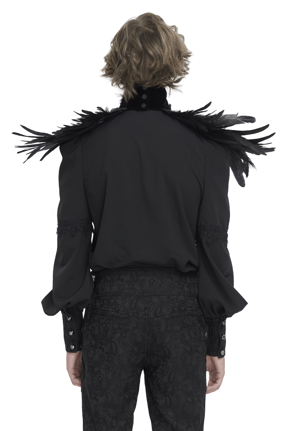 Back view of a person wearing a Unisex Gothic Beaded Feather Collar in black with luxurious feather details.