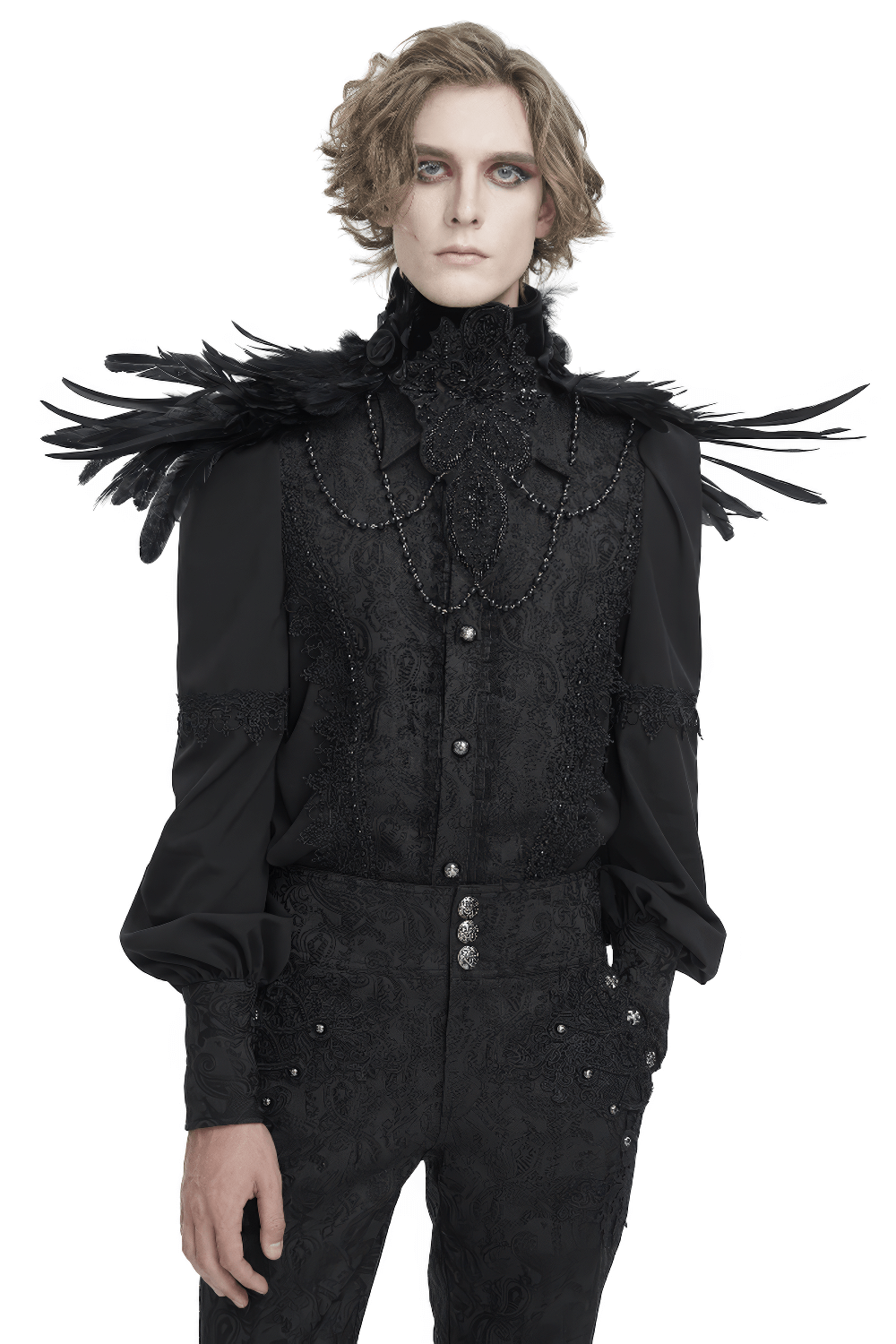 Man in Gothic black beaded feather collar and tailored outfit, showcasing dramatic Victorian-inspired fashion.