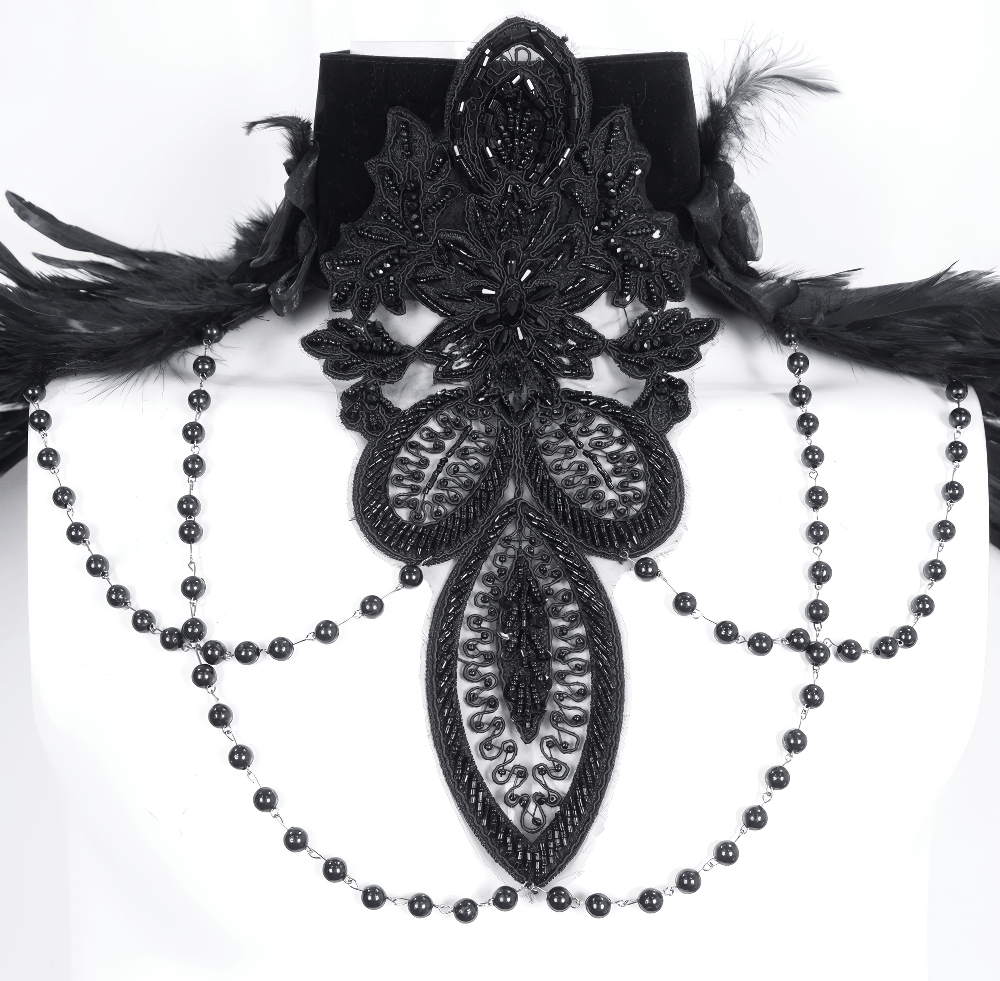 Elegant black gothic beaded feather neck collar with intricate lace detailing and decorative chains.