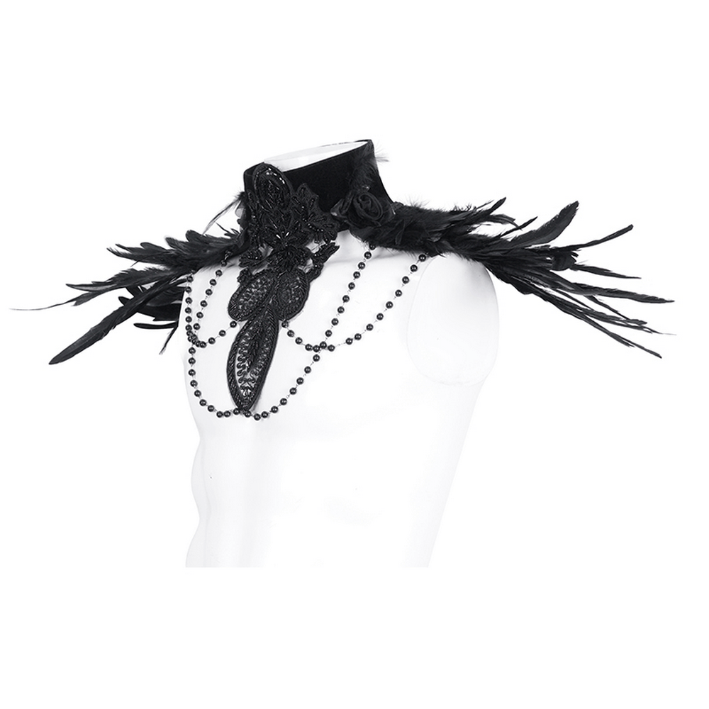 Unisex Gothic Beaded Feather Collar featuring black feathers, lace, and elegant beadwork for a Victorian-inspired look.