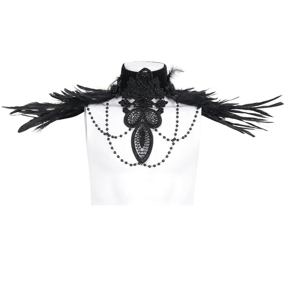 Unisex Gothic beaded feather collar neck accessory, featuring black feathers and intricate beadwork.