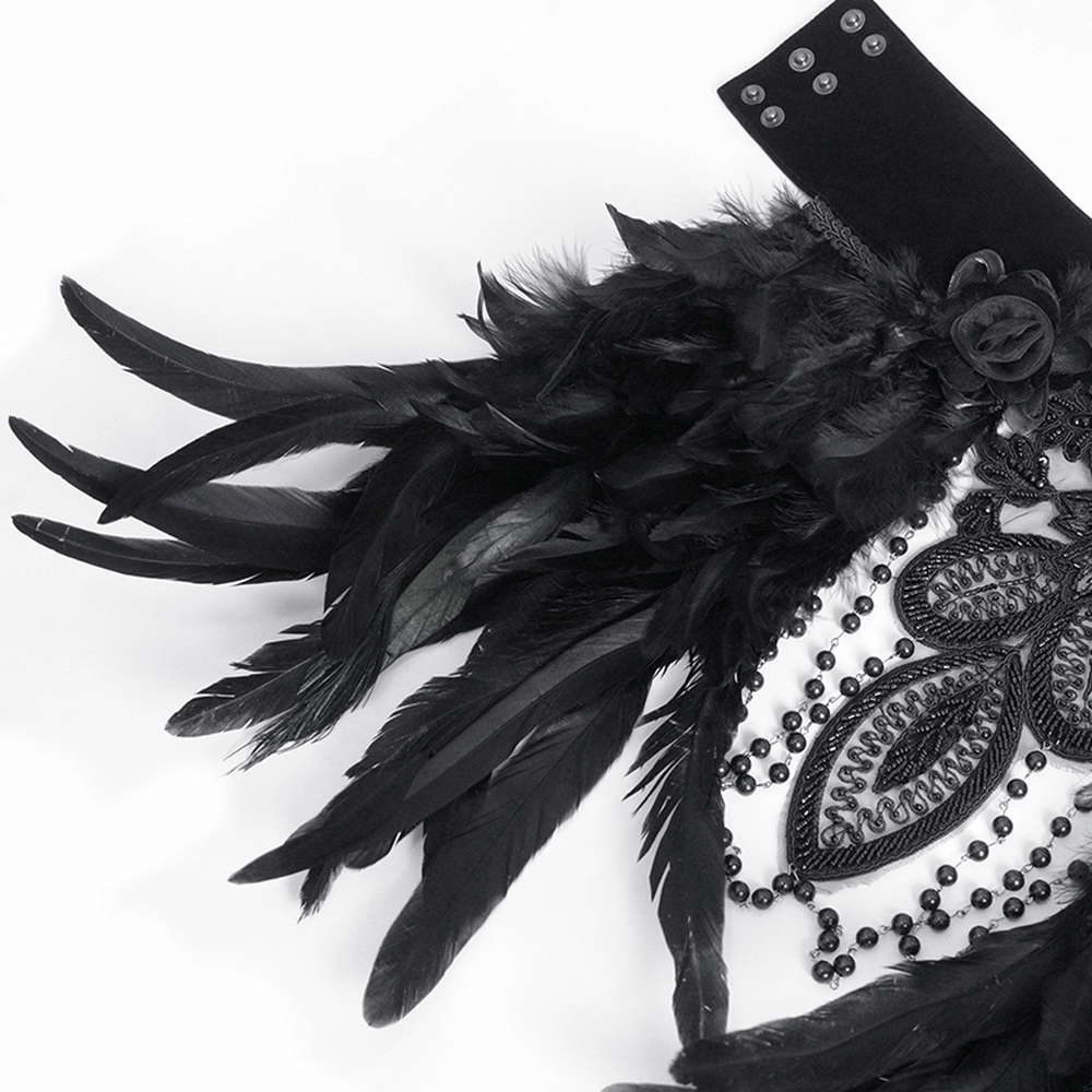 Unisex Gothic Beaded Feather Collar featuring elegant black feathers and intricate beadwork for a statement look.