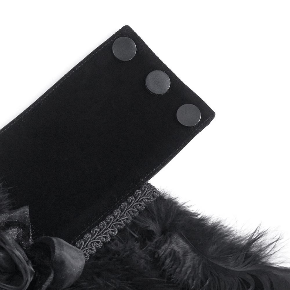 Close-up of a black gothic beaded collar with buttons and feather detailing, perfect for stylish neckwear.