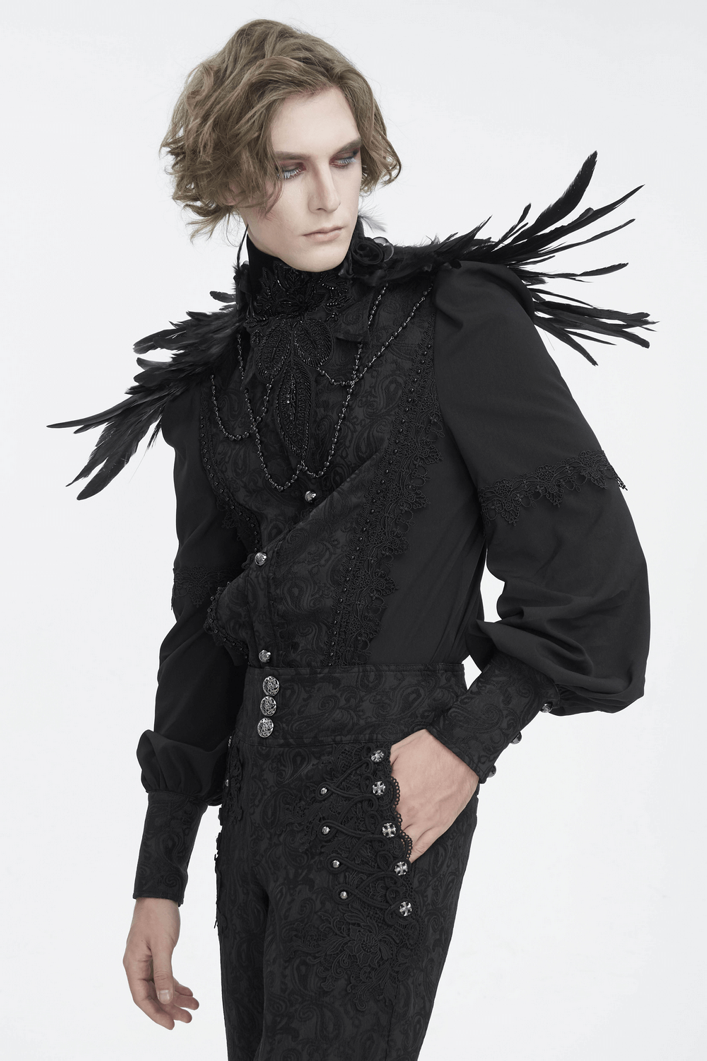 Stylish model wearing a unisex gothic beaded feather collar, exuding Victorian elegance.