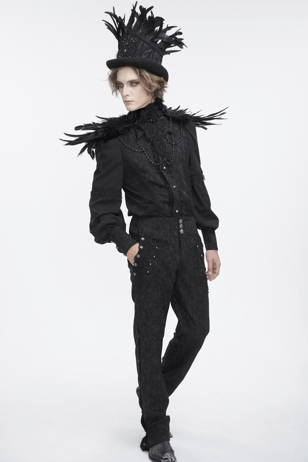 Unisex Gothic Beaded Feather Collar with Stand, showcasing intricate black feather detailing and stylish Victorian elegance.