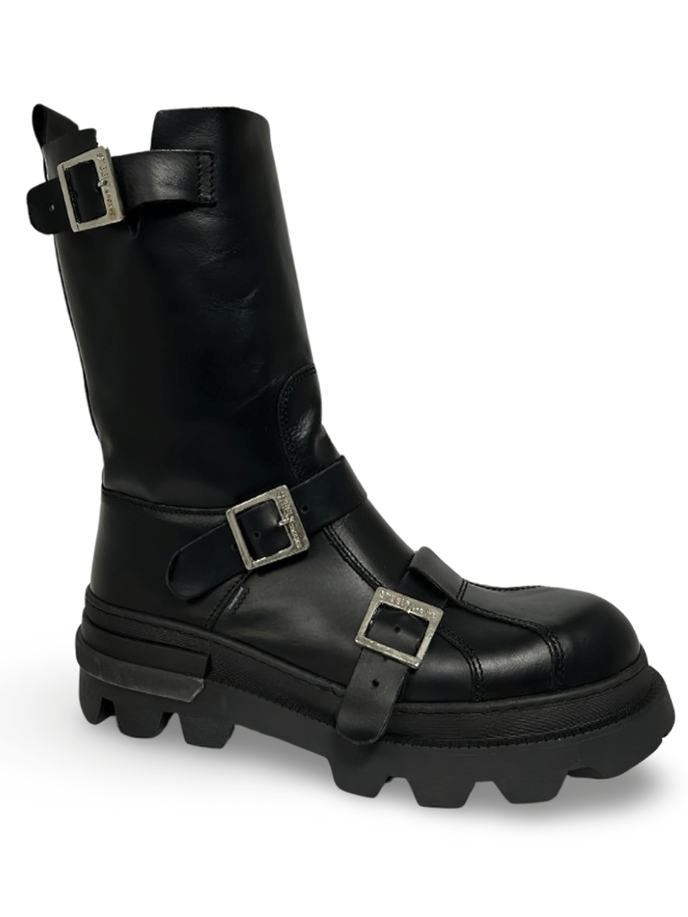 Unisex Grained Leather Ranger Boots With Buckles