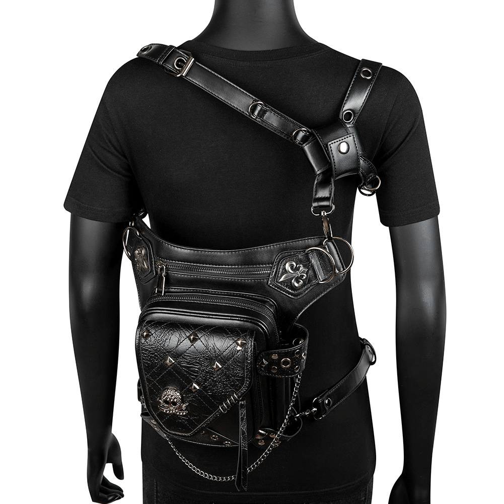 Unisex Skull Studded Chain Waist Bag / Steampunk Faux Leather Bag - HARD'N'HEAVY