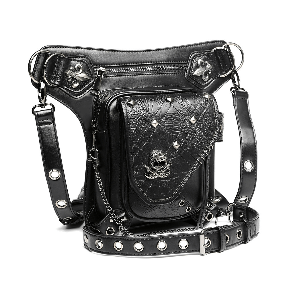 Unisex Skull Studded Chain Waist Bag / Steampunk Faux Leather Bag - HARD'N'HEAVY