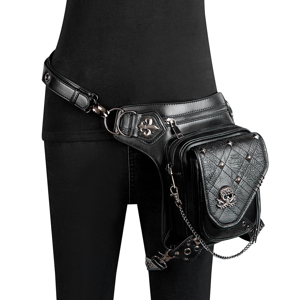 Unisex Skull Studded Chain Waist Bag / Steampunk Faux Leather Bag - HARD'N'HEAVY