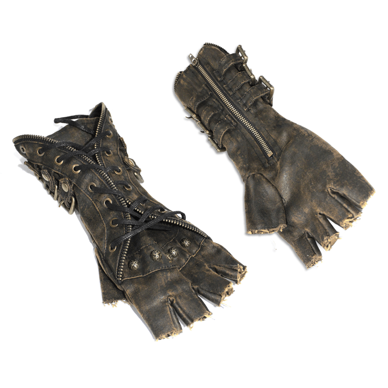Unisex steampunk fingerless gloves in vintage brown with buckled straps and lacing details.