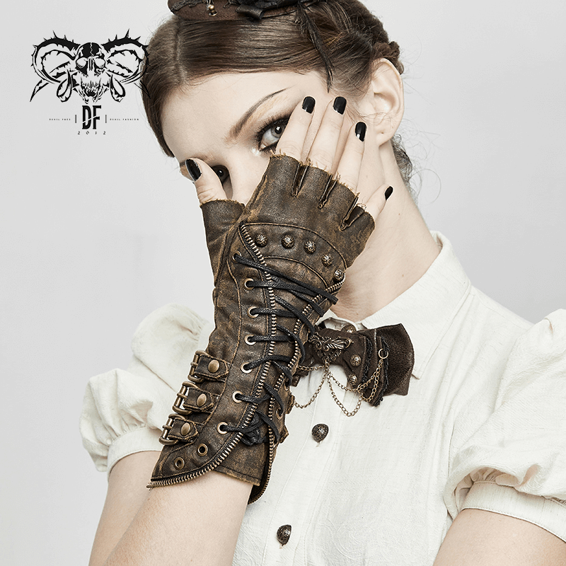 Fashionable unisex steampunk fingerless gauntlet gloves in vintage brown with lacing and buckled straps.