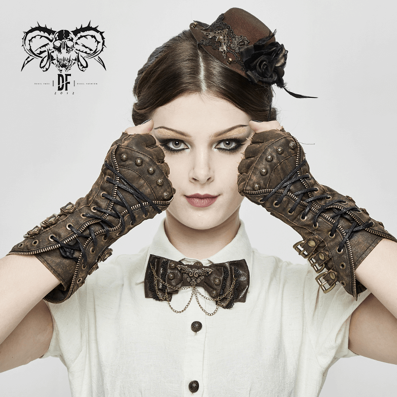 Unisex steampunk vintage brown fingerless gauntlet gloves with buckles and lacing on a model.