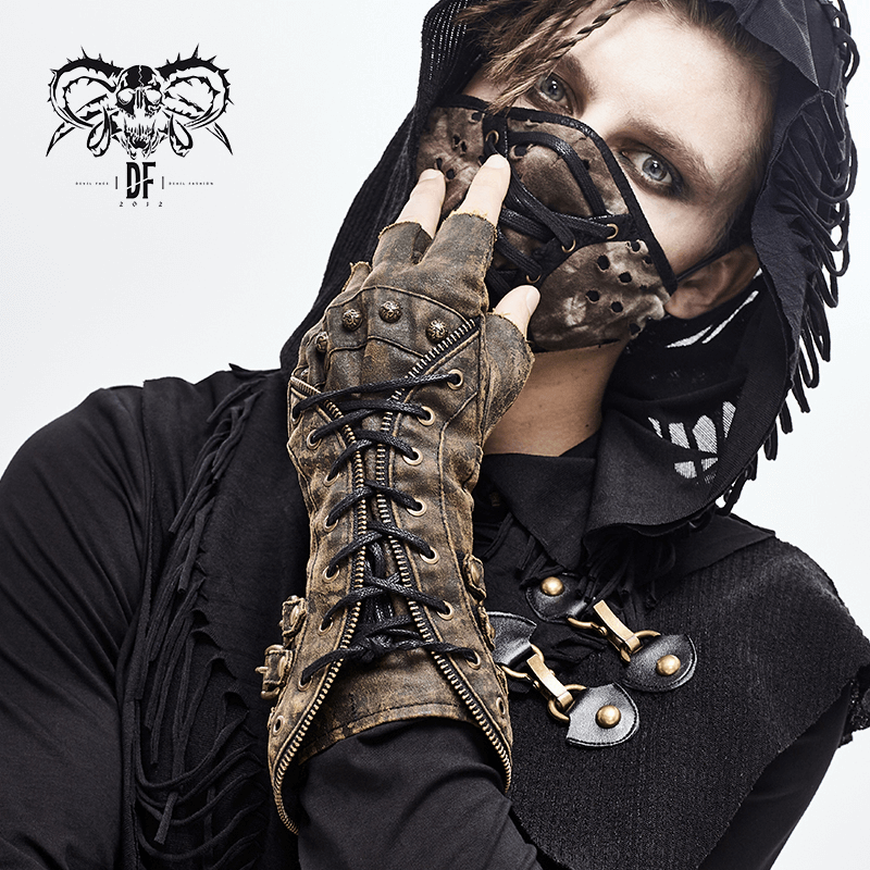 Model wearing unisex steampunk fingerless gauntlet gloves with lacing and vintage brown finish, styled for a dramatic look.