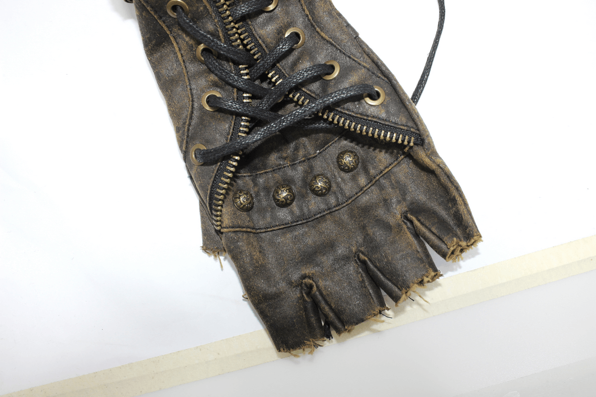 Vintage brown steampunk fingerless gauntlet glove with buckled straps and lacing details.