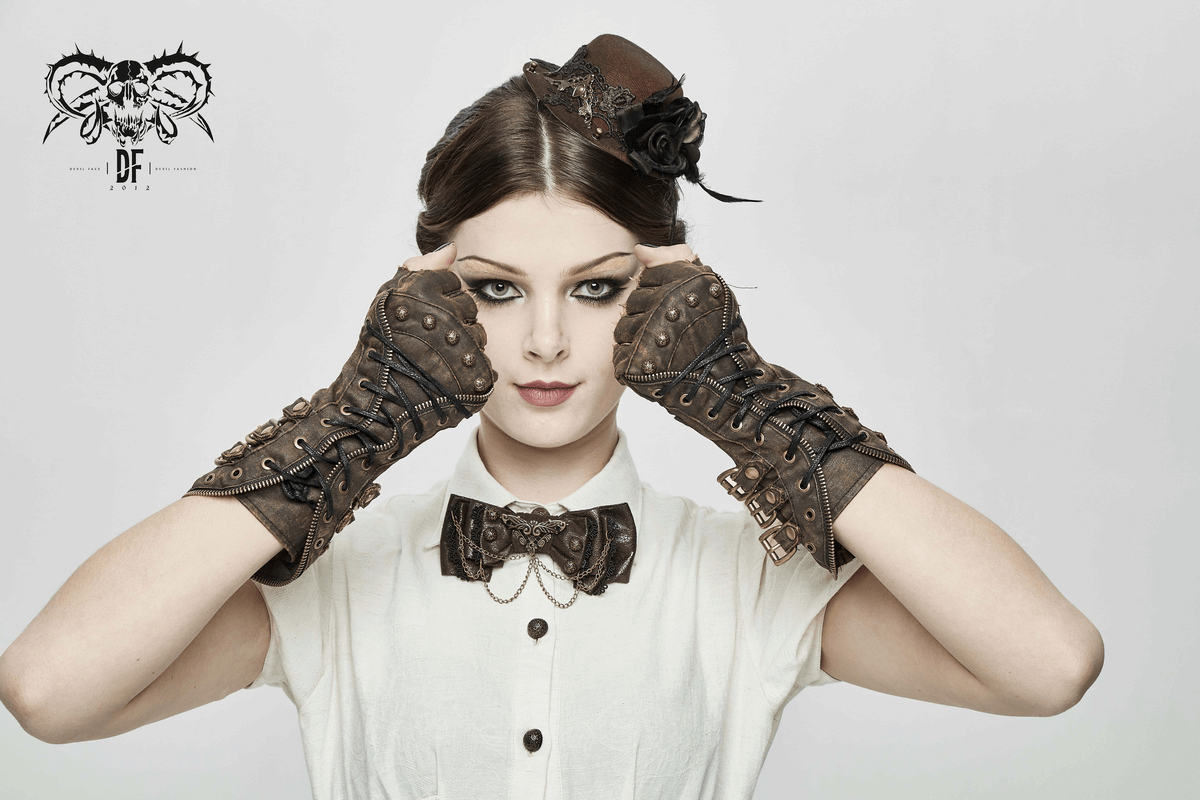 Unisex steampunk fingerless gauntlet gloves with vintage brown design and buckled straps, perfect for stylish outfits.