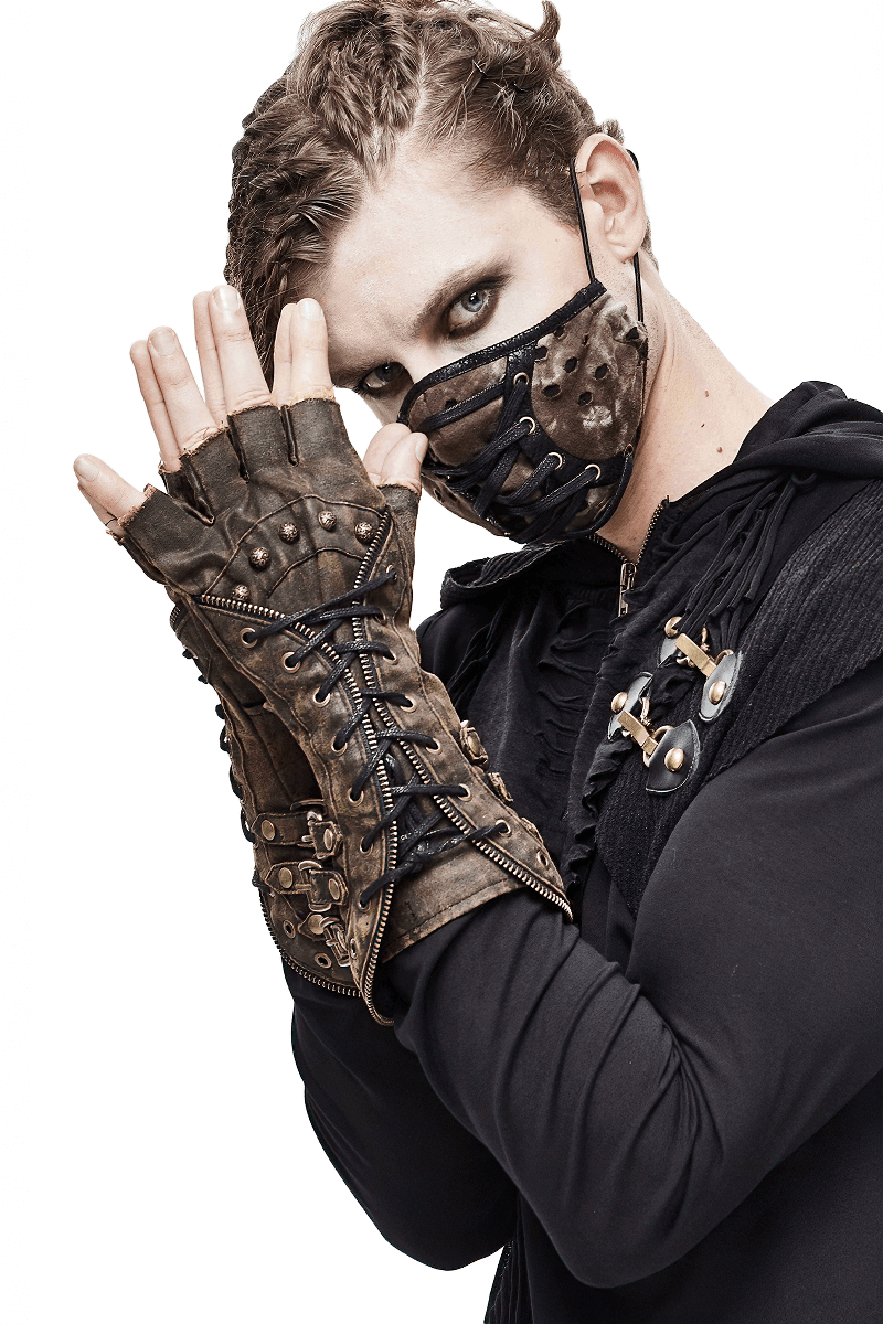 Unisex Steampunk Fingerless Gauntlet Gloves / Vintage Brown Gloves with Buckled Straps & Lacing - HARD'N'HEAVY