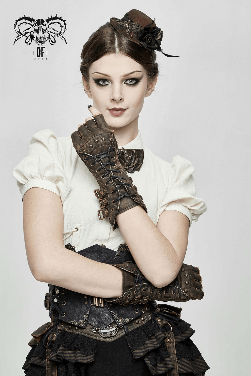 Unisex steampunk fingerless gauntlet gloves with vintage design, worn by a model in a stylish outfit.
