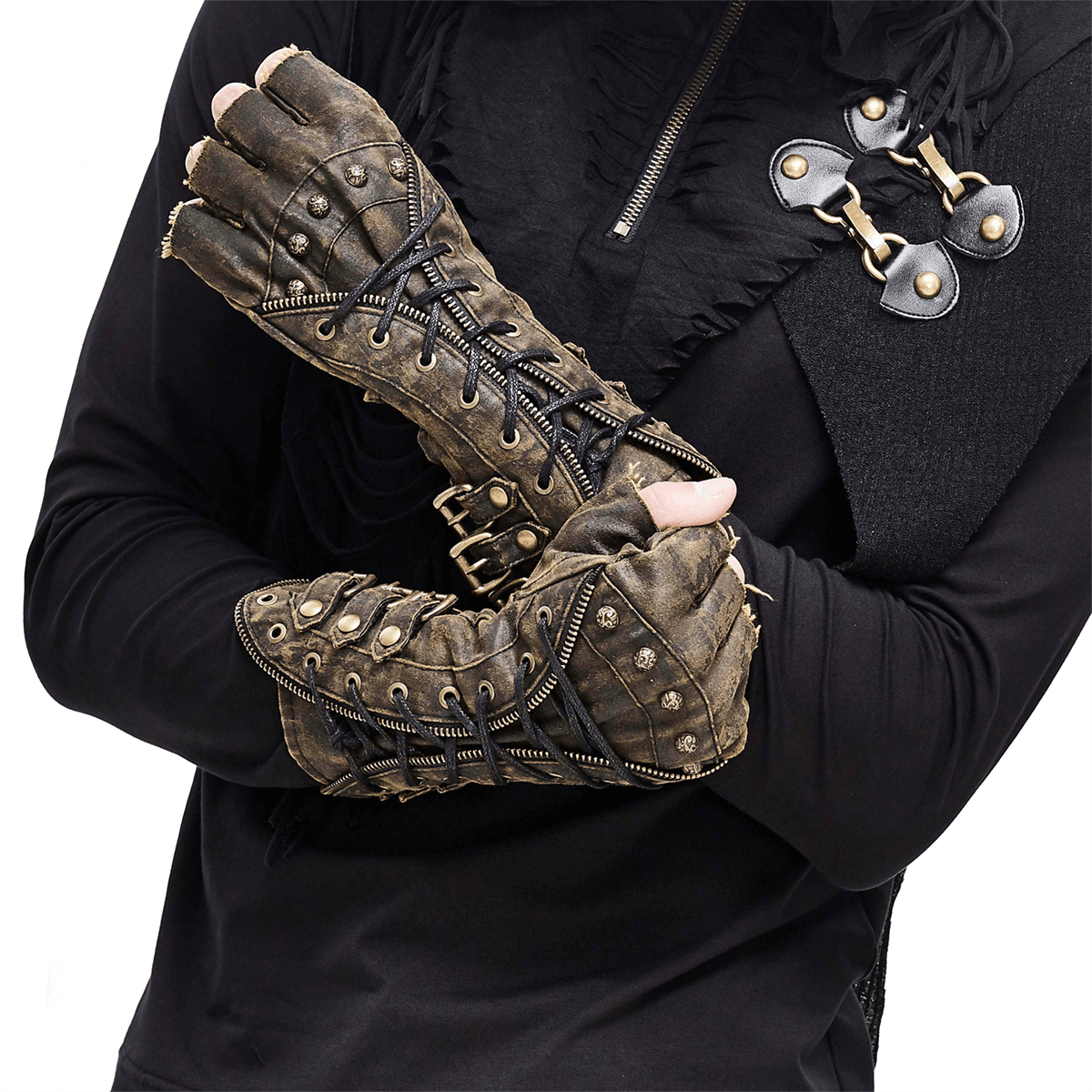Unisex steampunk fingerless gauntlet gloves with buckle straps and lacing in vintage brown style.