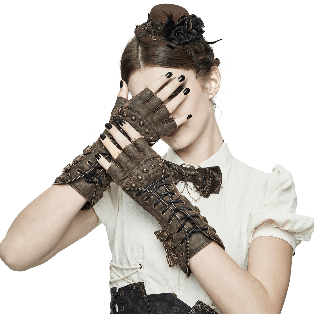 Unisex Steampunk Fingerless Gauntlet Gloves / Vintage Brown Gloves with Buckled Straps & Lacing - HARD'N'HEAVY