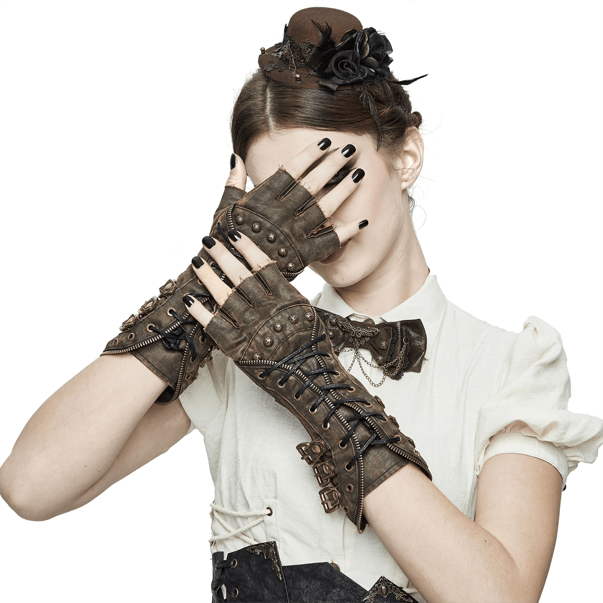 Unisex steampunk fingerless gauntlet gloves in vintage brown, featuring buckled straps and lacing.