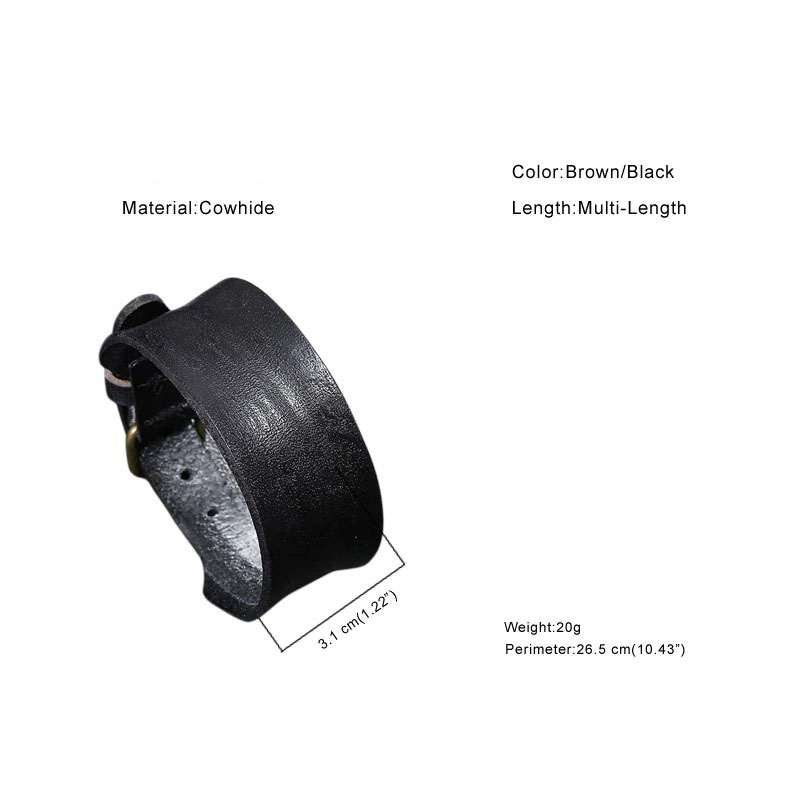 Unisex wide leather bracelet in brown and black, made of cowhide, showcasing stylish punk design and measurements.