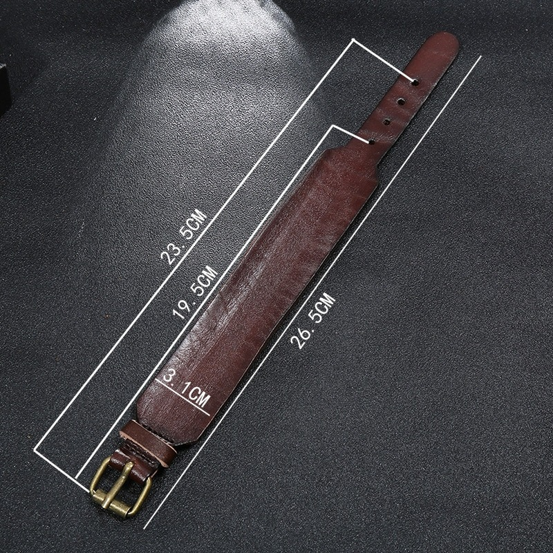 Measurements of a unisex wide leather bracelet in brown with a stylish punk design, showing dimensions and buckle details.