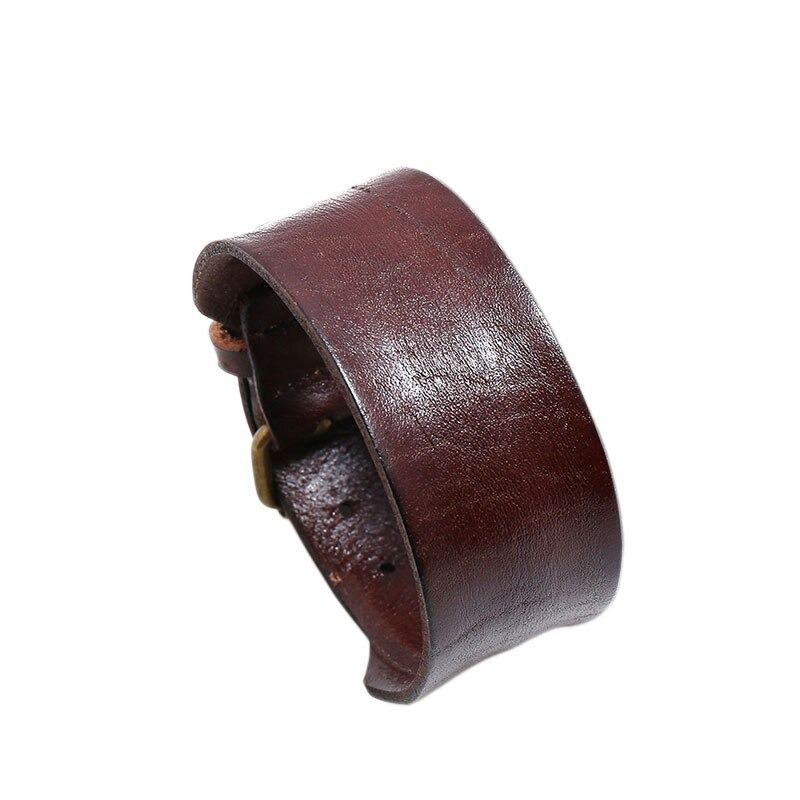 Unisex wide leather bracelet in dark brown, featuring a plain design, perfect for punk style fashion lovers.