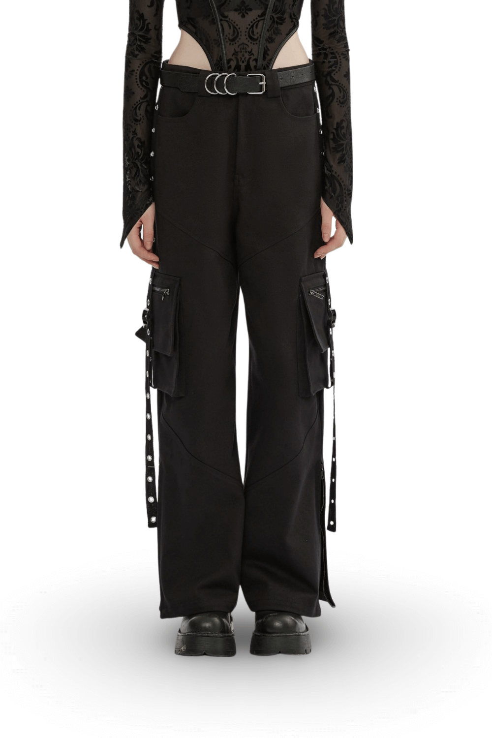 Urban black medium waist cargo pants with multiple pockets and eyelet webbing design.