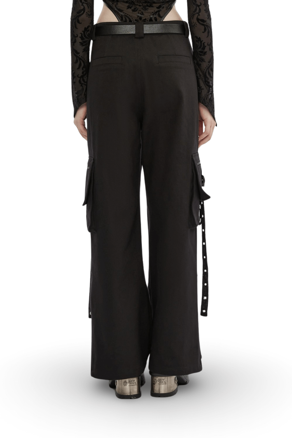 Back view of Urban Black Medium Waist Cargo Pants showcasing utility design and 3D side pockets.