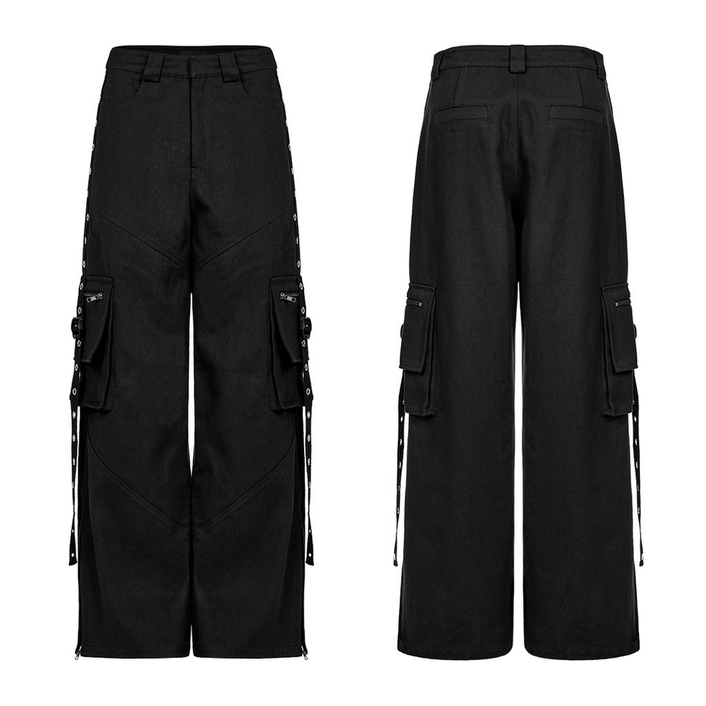 Urban black medium waist cargo pants featuring eyelet webbing and 3D pockets, ideal for style and utility.
