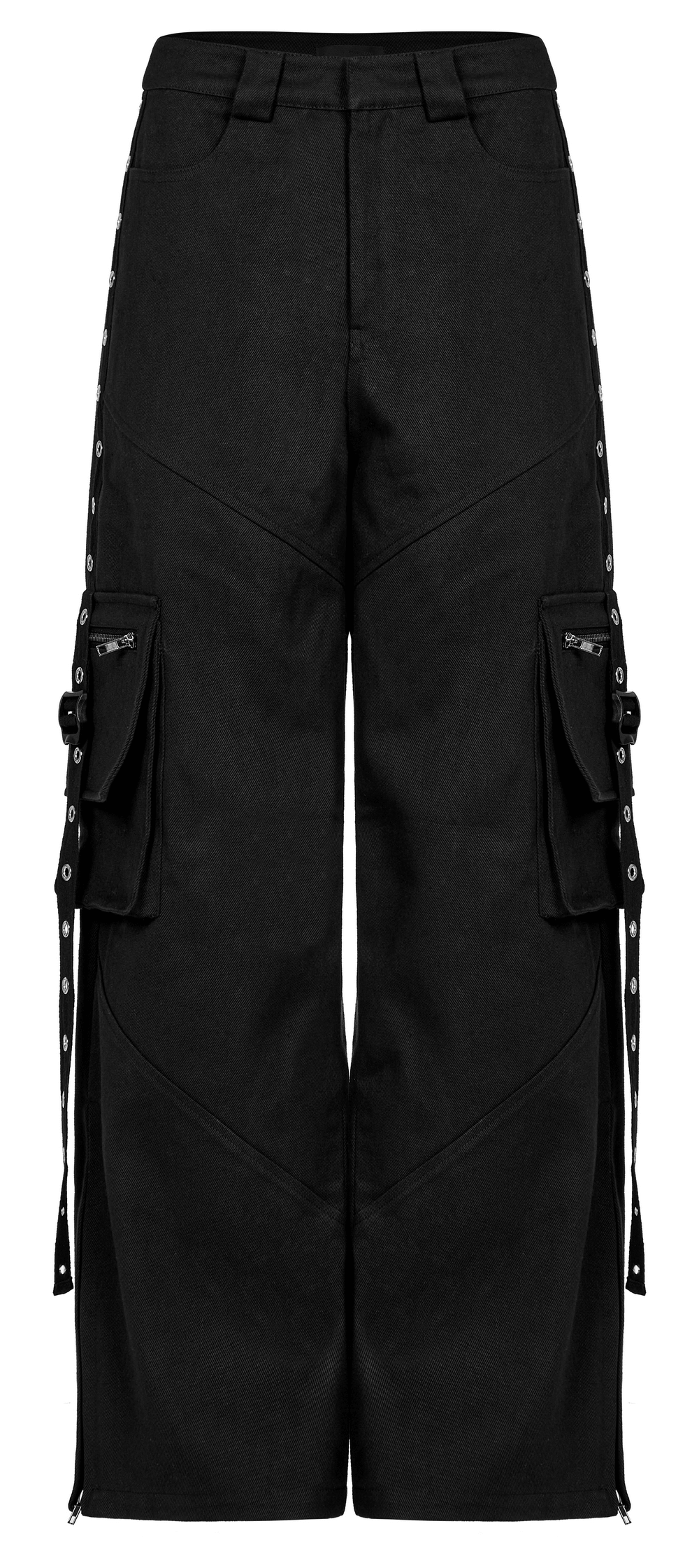 Urban black medium waist cargo pants with pockets and eyelet webbing details.