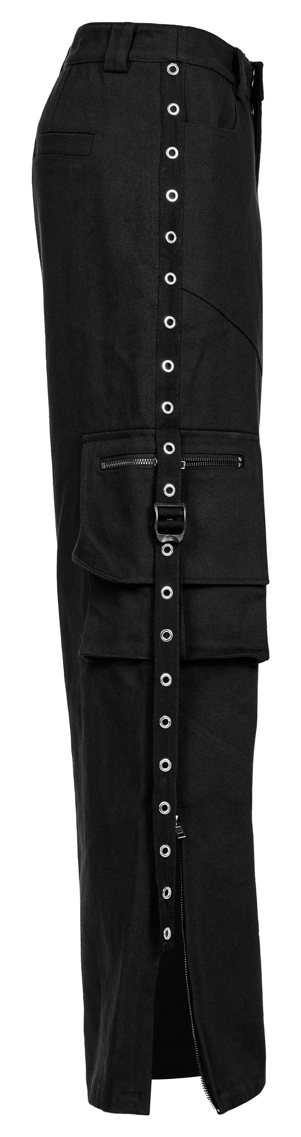 Urban black medium waist cargo pants with eyelet webbing and side pockets.
