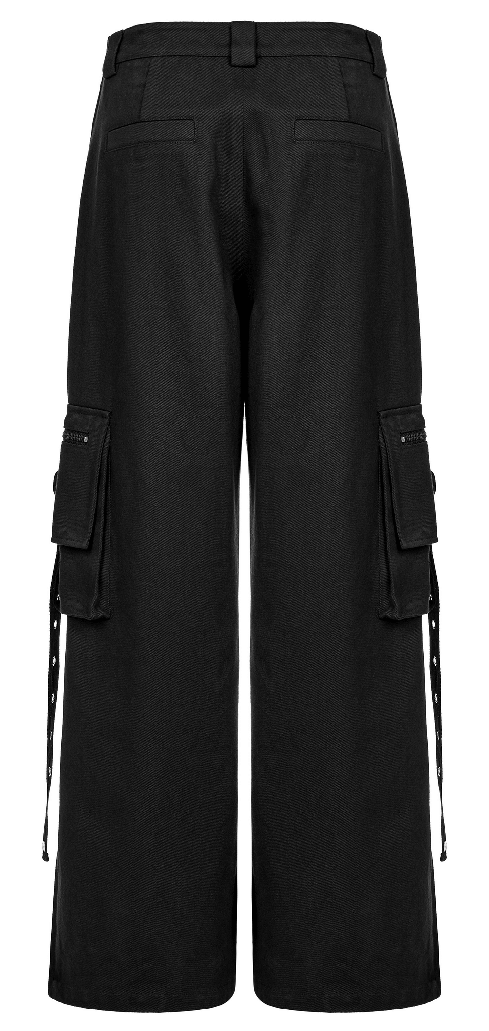 Back view of Urban Black Medium Waist Cargo Pants with zippered pockets and expandable leg design.