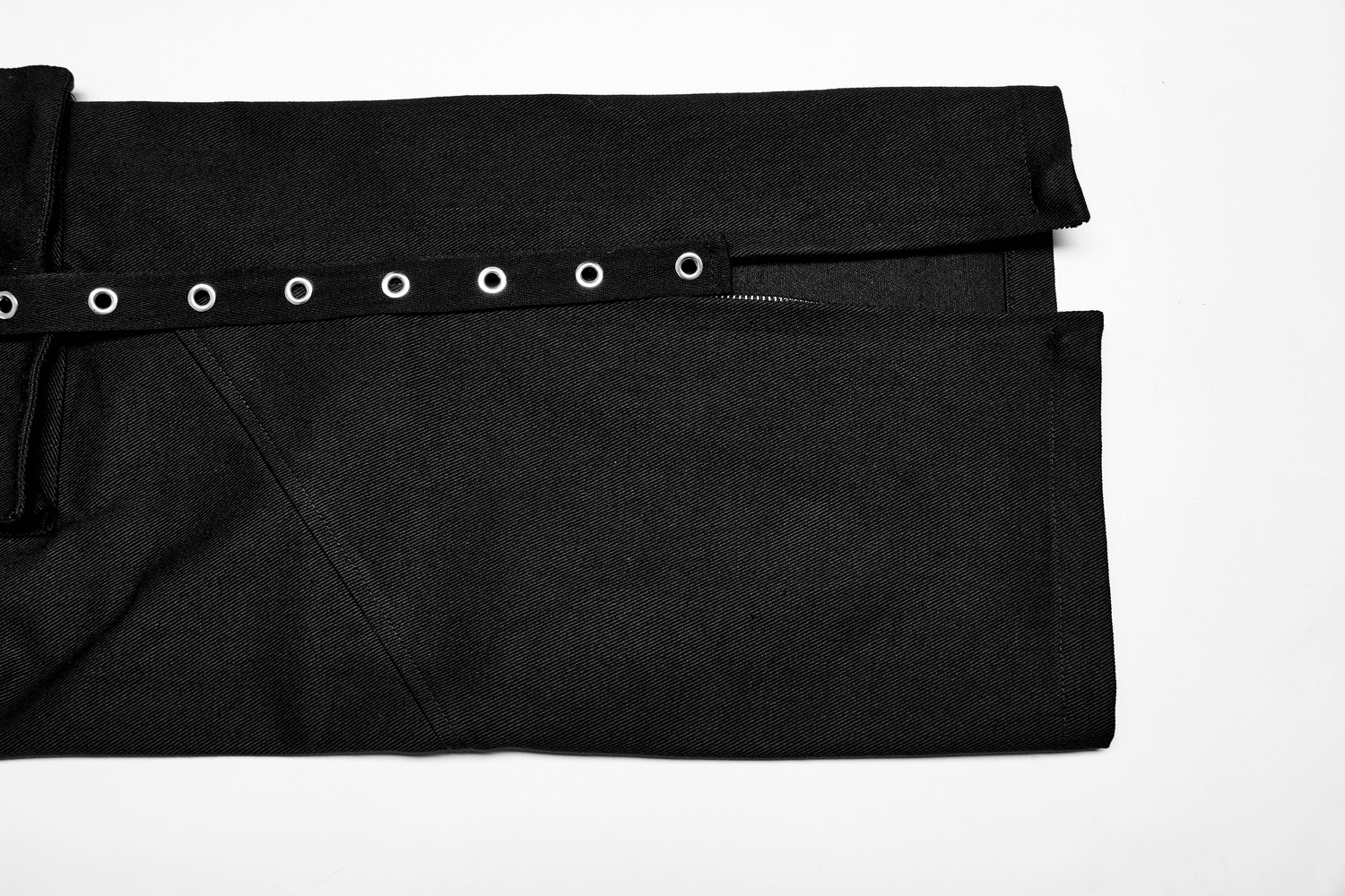 Urban black medium waist cargo pants featuring eyelet webbing and zipper accents.