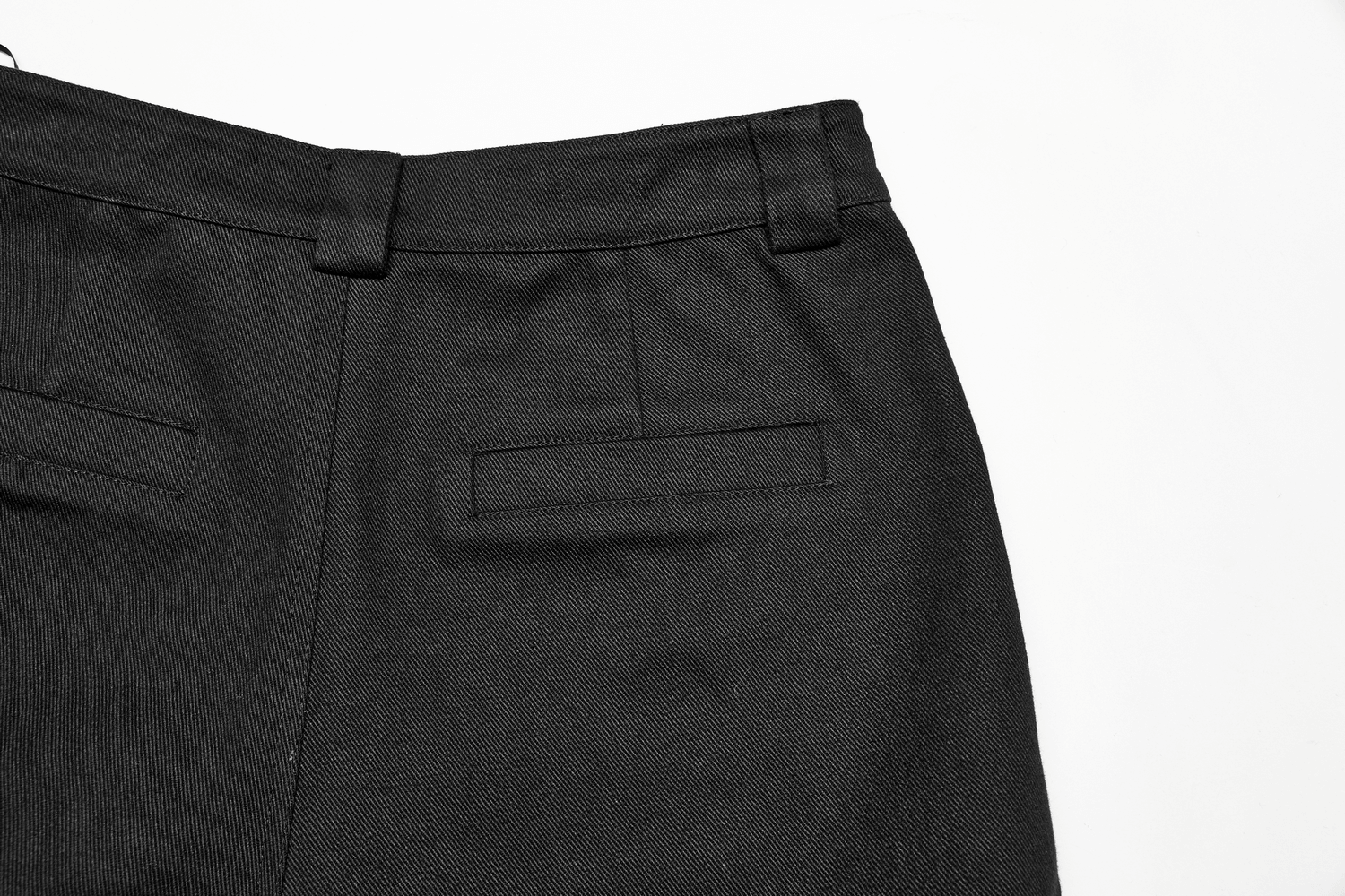 Back view of urban black medium waist cargo pants with pockets and a tailored finish.
