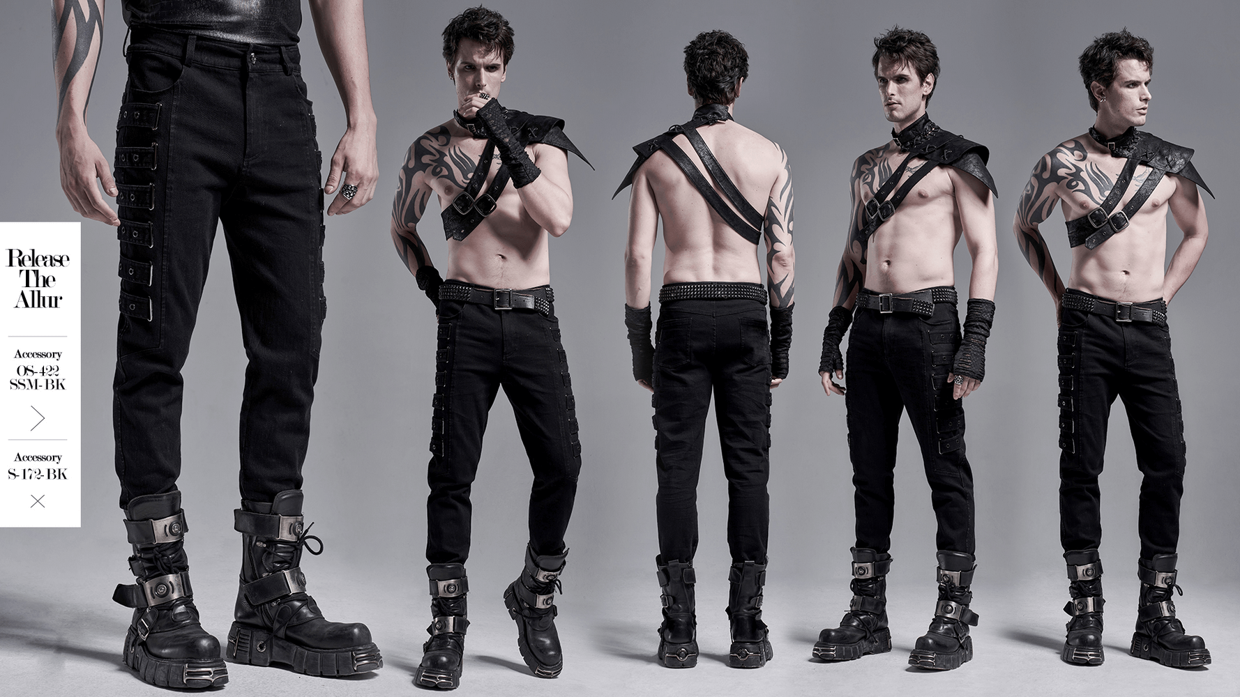 Urban black cargo trousers with strap details and edgy styling, perfect for a punk-inspired look.