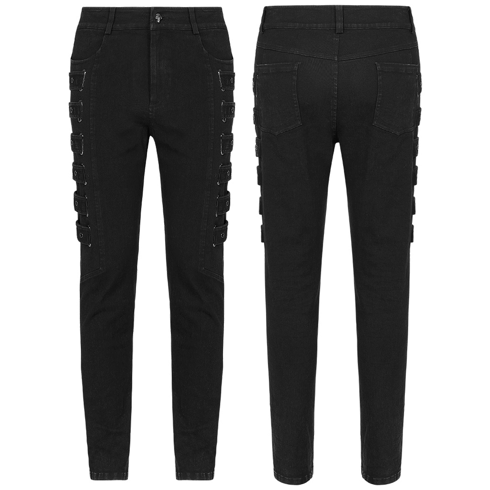 Urban black cargo trousers with strap details, front and back view showcasing a stylish fit and unique design.