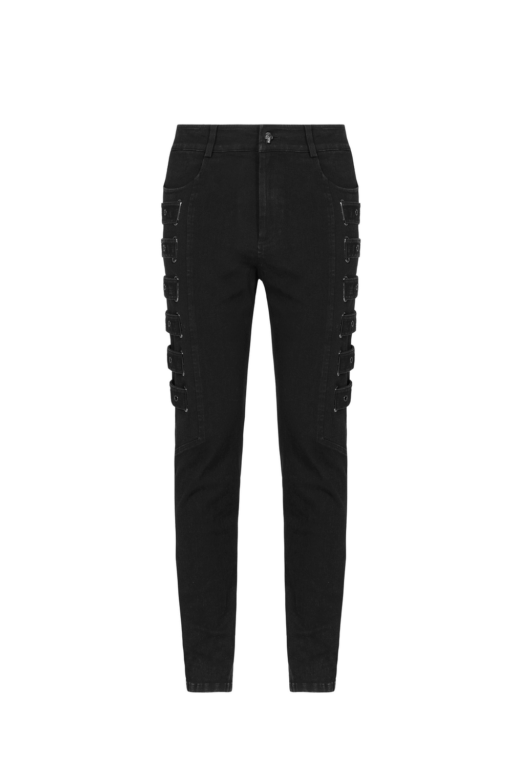 Urban black cargo trousers with strap detailing and a snug fit, perfect for stylish everyday wear.