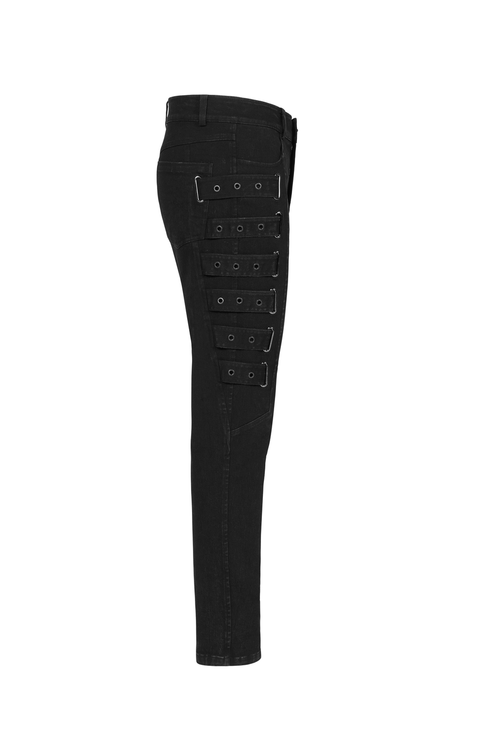Side view of Urban Black Strap-Detailed Cargo Trousers featuring grommets and a sleek fit.