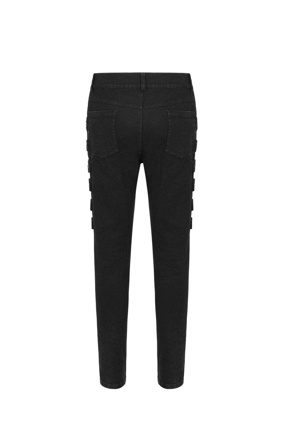 Back view of Urban Black Strap-Detailed Cargo Trousers showcasing stylish pocket design and grommets.