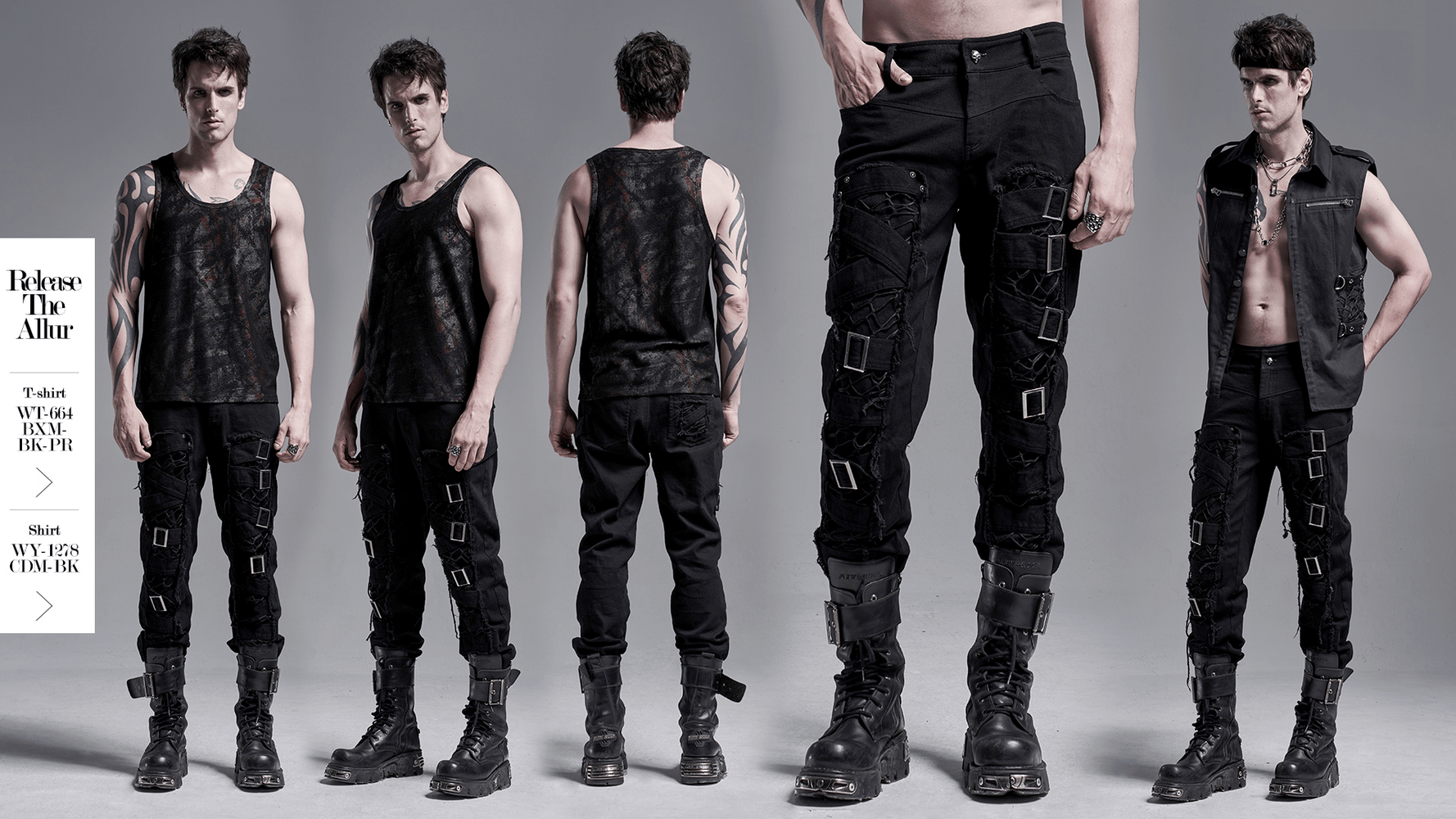 Urban Gothic buckled strap cargo pants showcased by a model in edgy punk style, featuring mesh and unique buckles.