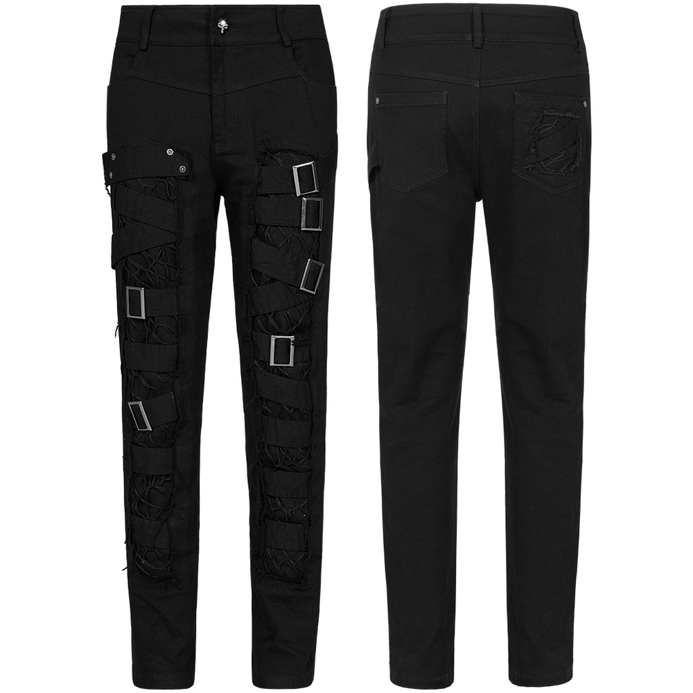 Urban Gothic cargo pants with buckle details and mesh accents, perfect for edgy punk style and modern fashion.