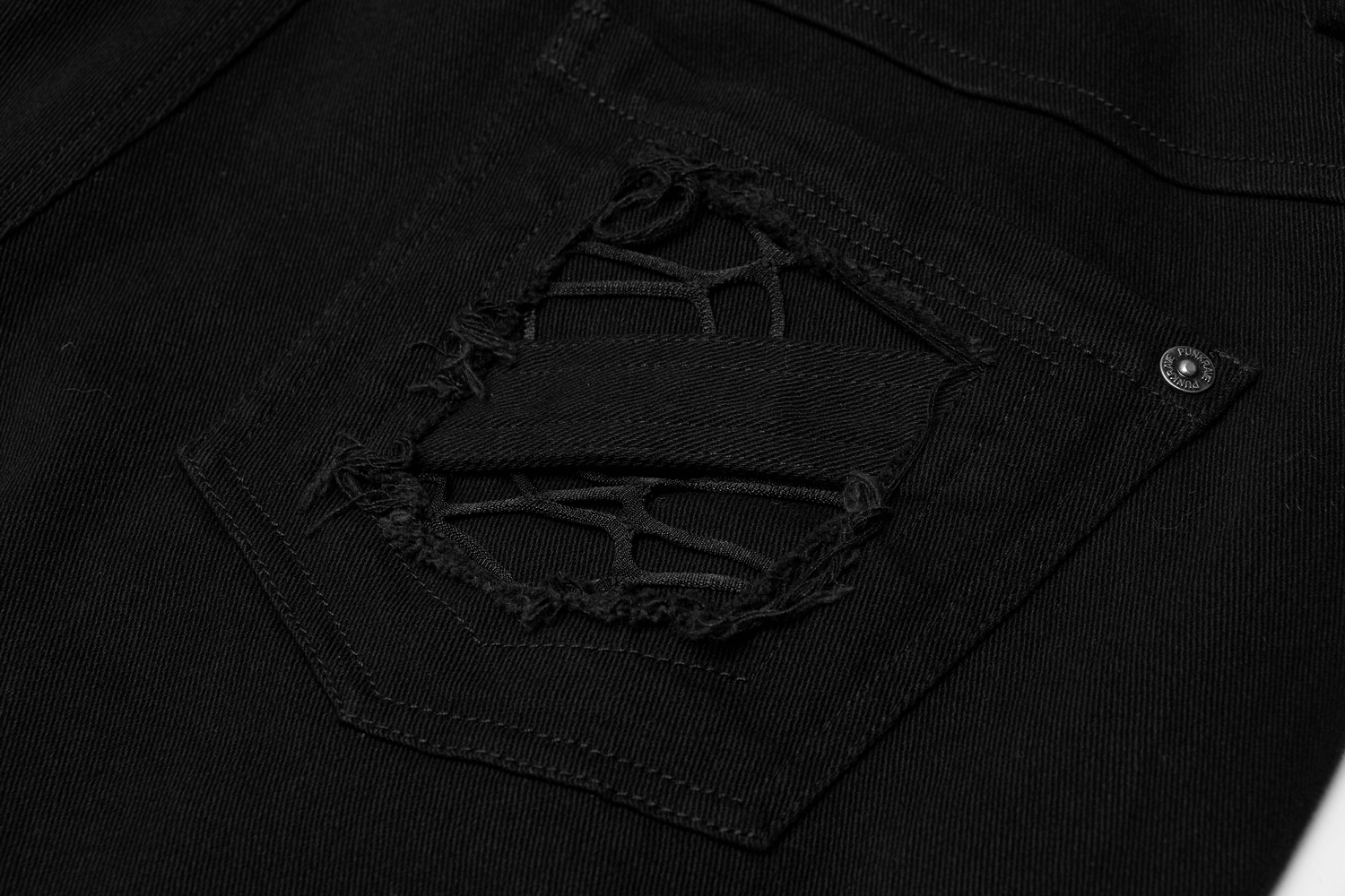 Close-up of Urban Gothic cargo pants showcasing a unique mesh inset and edgy distressed detail on pocket.