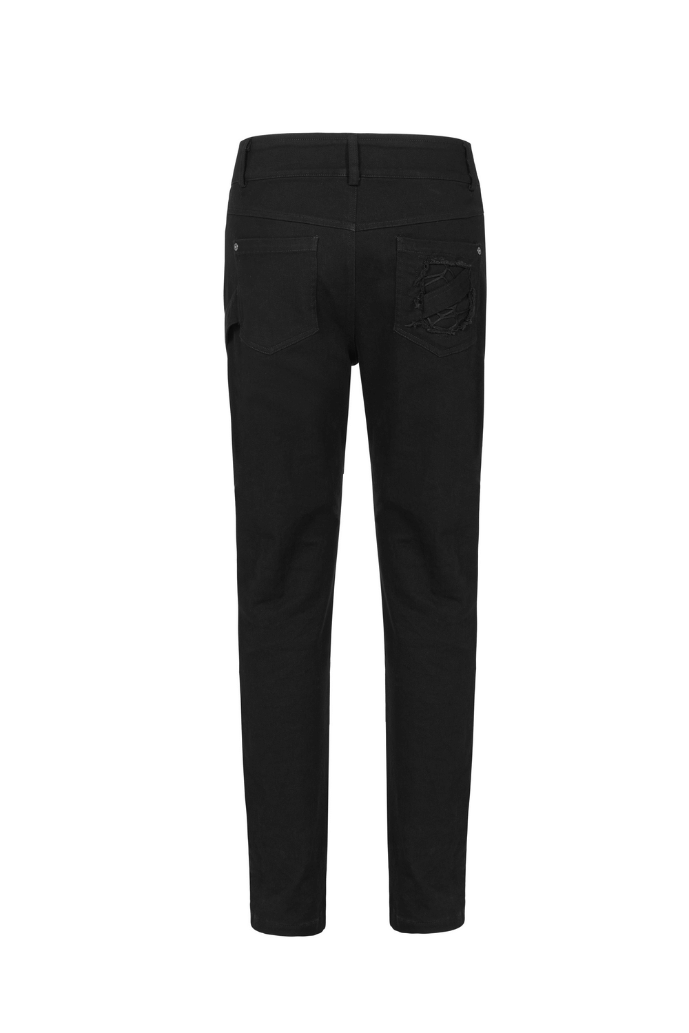 Back view of Urban Gothic Buckled Strap-Detailed Cargo Pants in black with unique pocket detailing.