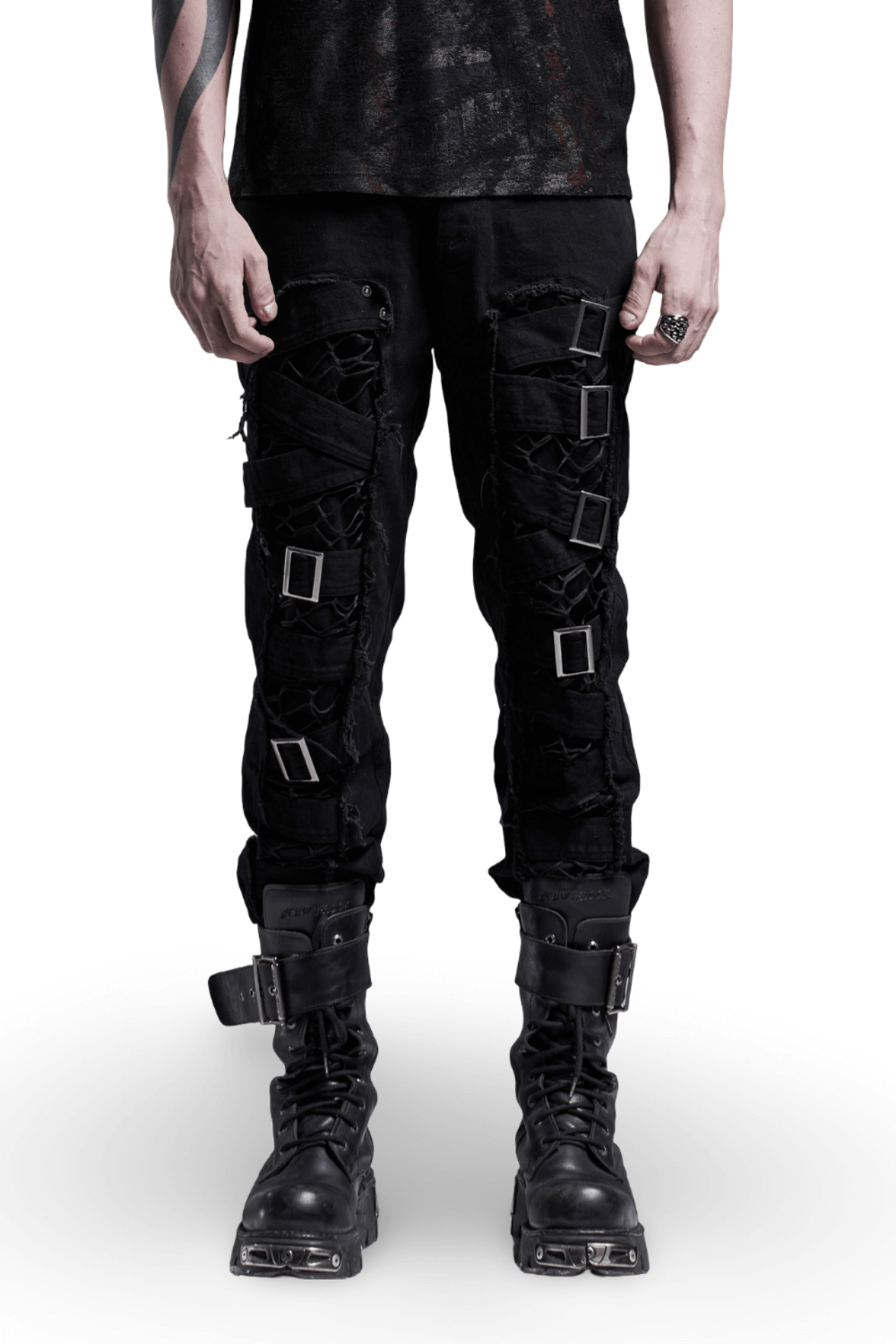 Urban Gothic cargo pants with buckled straps and distressed detail, featuring a punk-inspired aesthetic.