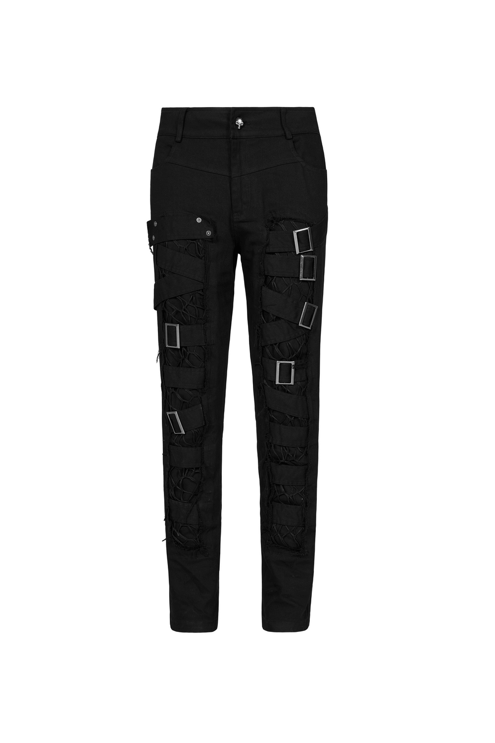 Urban Gothic black cargo pants with buckle straps and mesh detailing for a punk-inspired look.