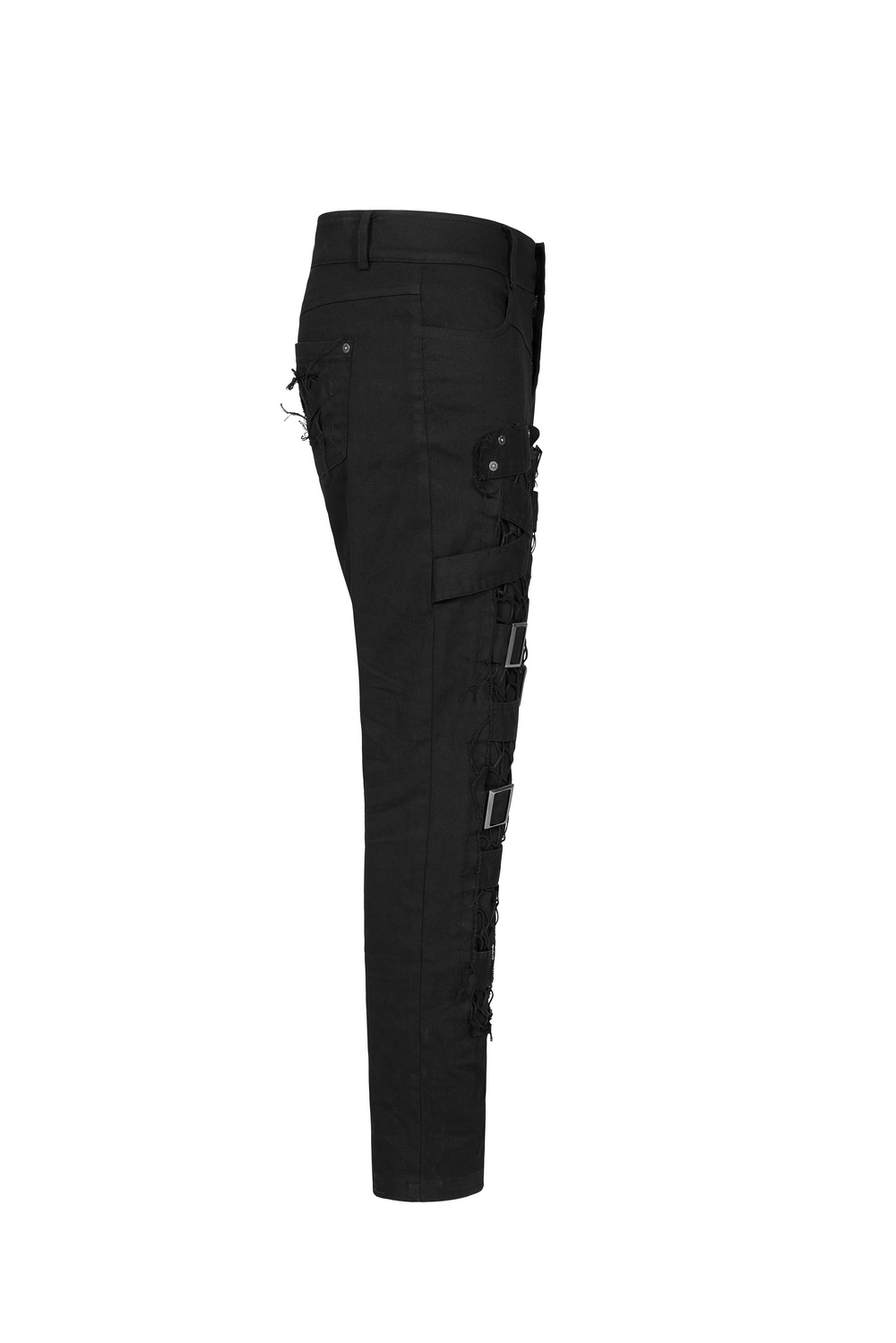 Urban Gothic Buckled Strap-Detailed Cargo Pants featuring edgy mesh details and unique Japanese word buckles.