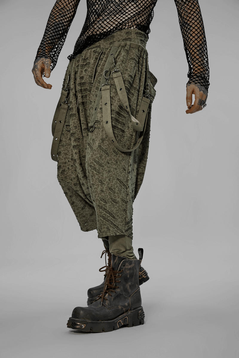 Urban Gothic harem pants with detachable straps, featuring loose crotch and edgy design, ideal for avant-garde style.